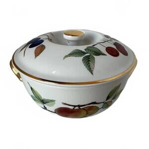 Royal Worcester Evesham Gold porcelain lidded serving dish with fruit motif.